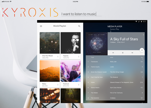 Kyroxis music app — playlist grid and media player