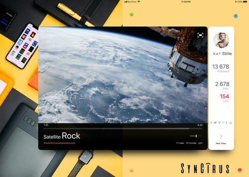 Synctrus app UI design by Katty Strite — a video player showing Earth from orbit alongside an artist profile