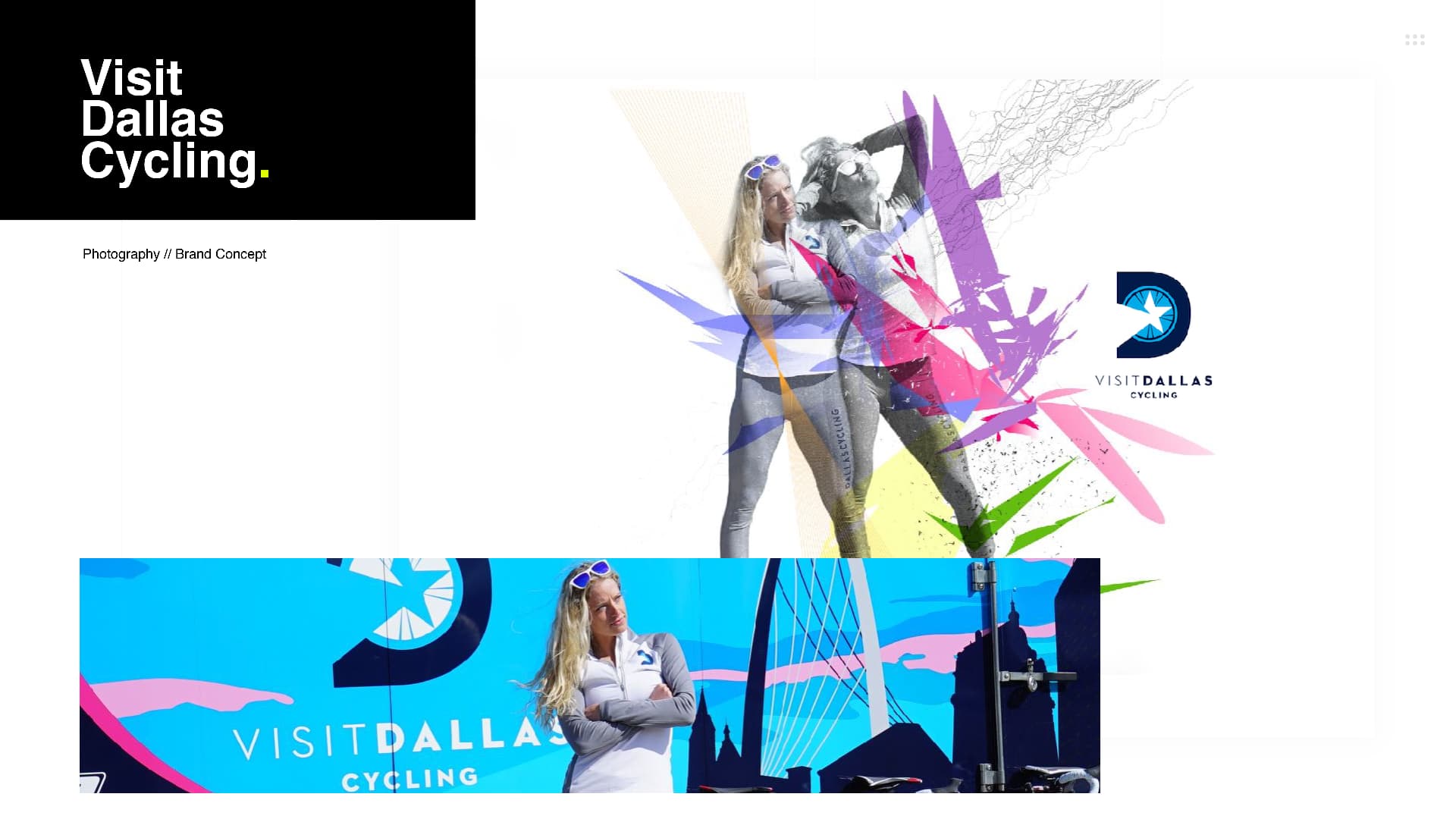 Visit Dallas Cycling brand concept — cyclist with colourful graphic shards and mural