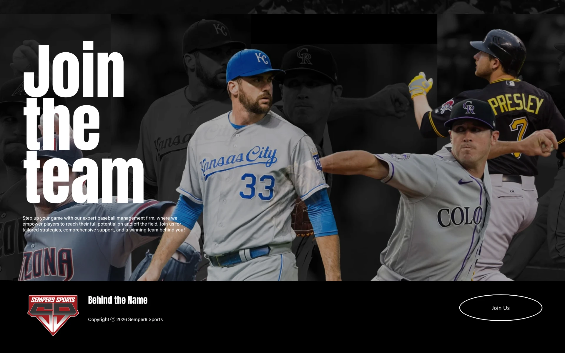 Semper9 Sports website — baseball management firm homepage with player photography and Join Us call to action