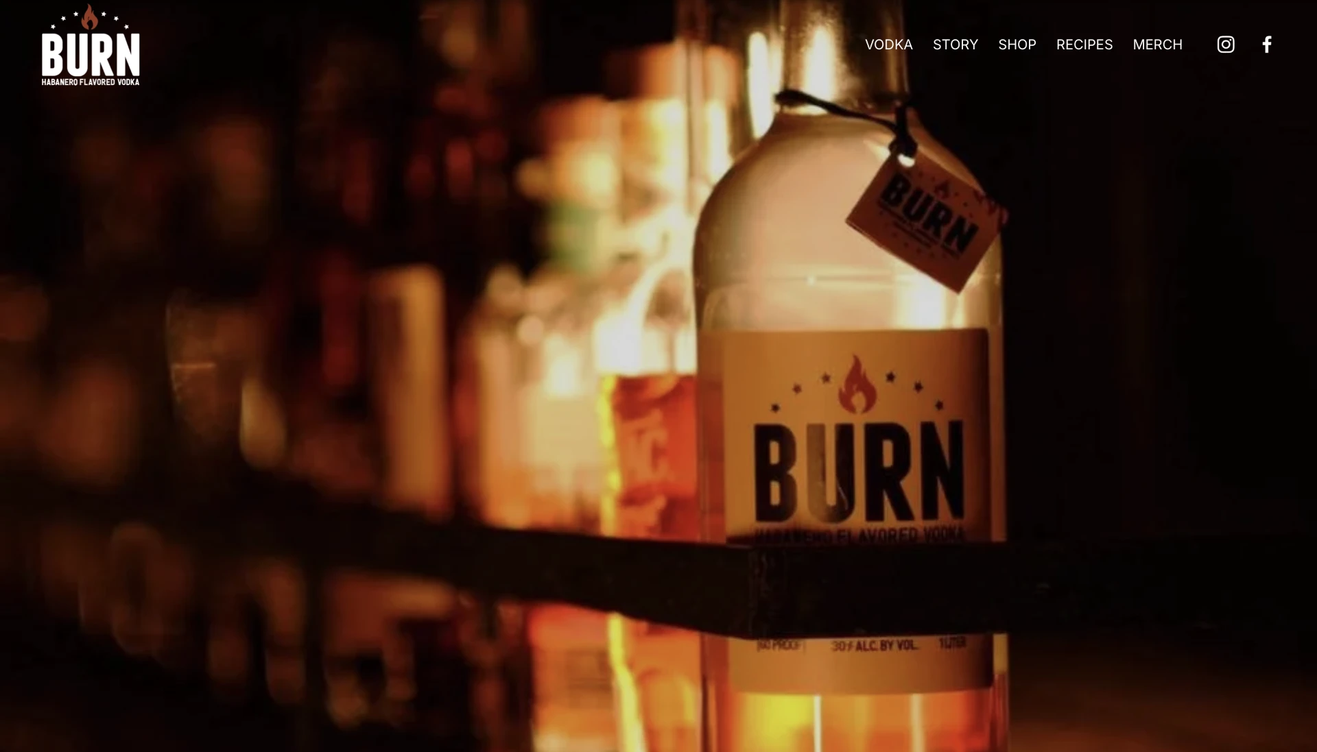 The BURN Vodka website — habanero vodka bottle on a candlelit bar with brand wordmark