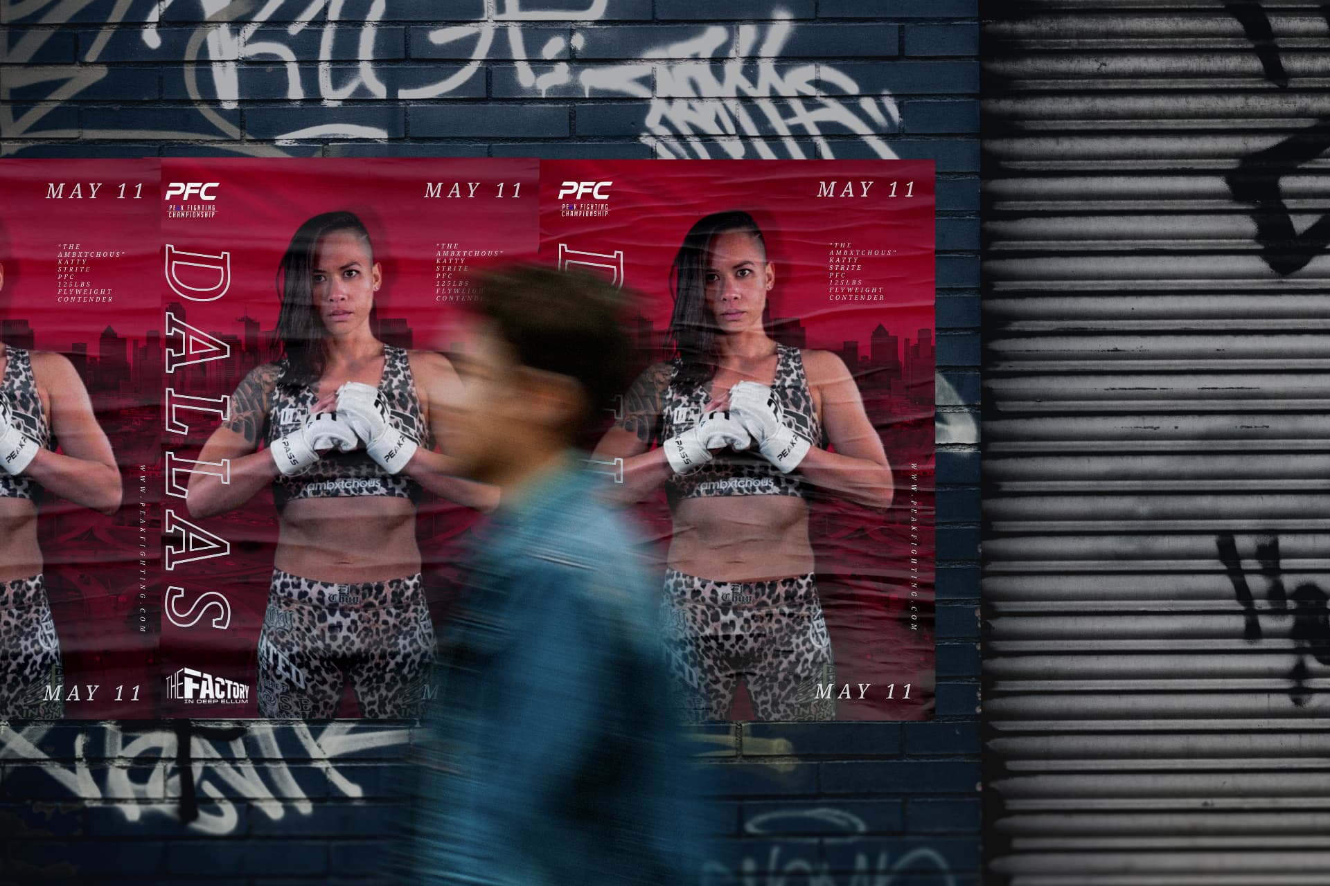 PFC fight posters layered on a graffiti-covered brick wall