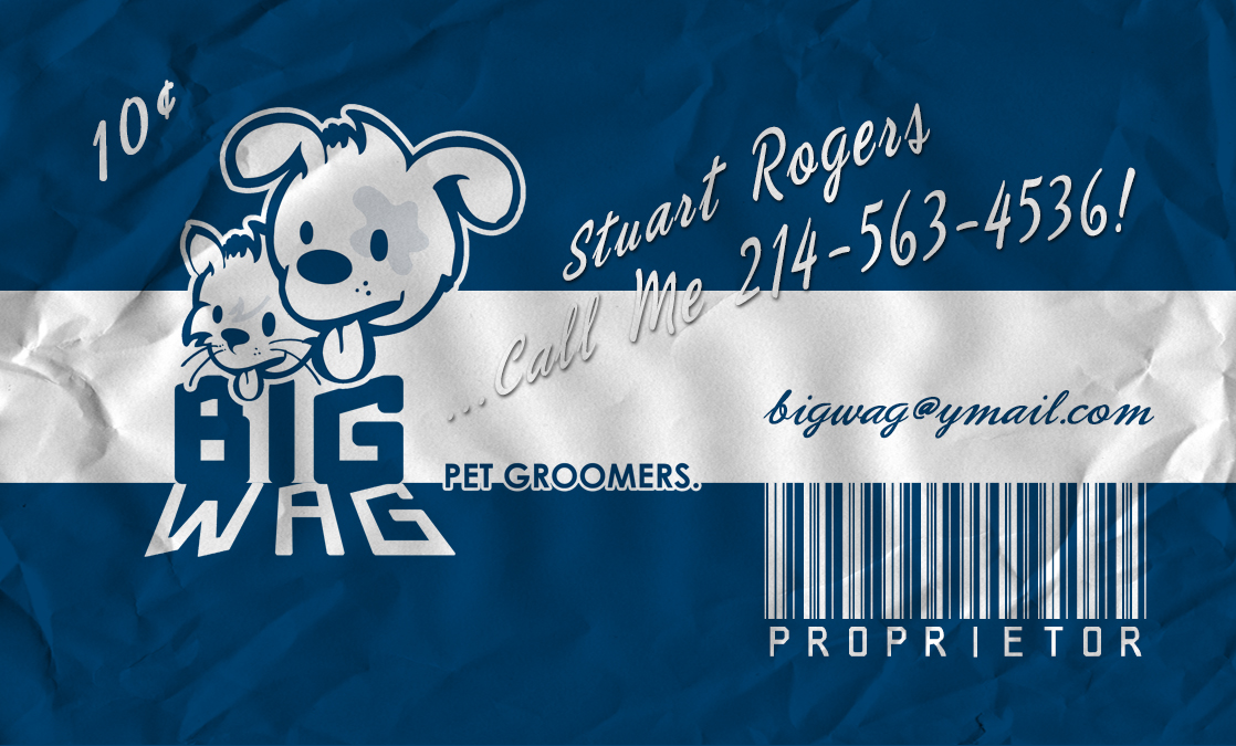Big Wag Pet Groomers business card with dog and cat mascot lockup
