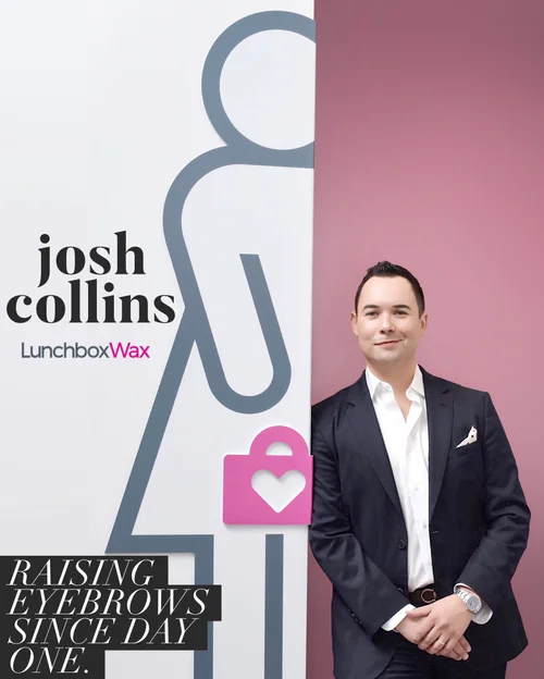 Josh Collins portrait for LunchboxWax with brand wall and tagline