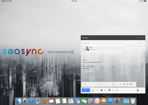 XeoSync email client — message composition over a city skyline