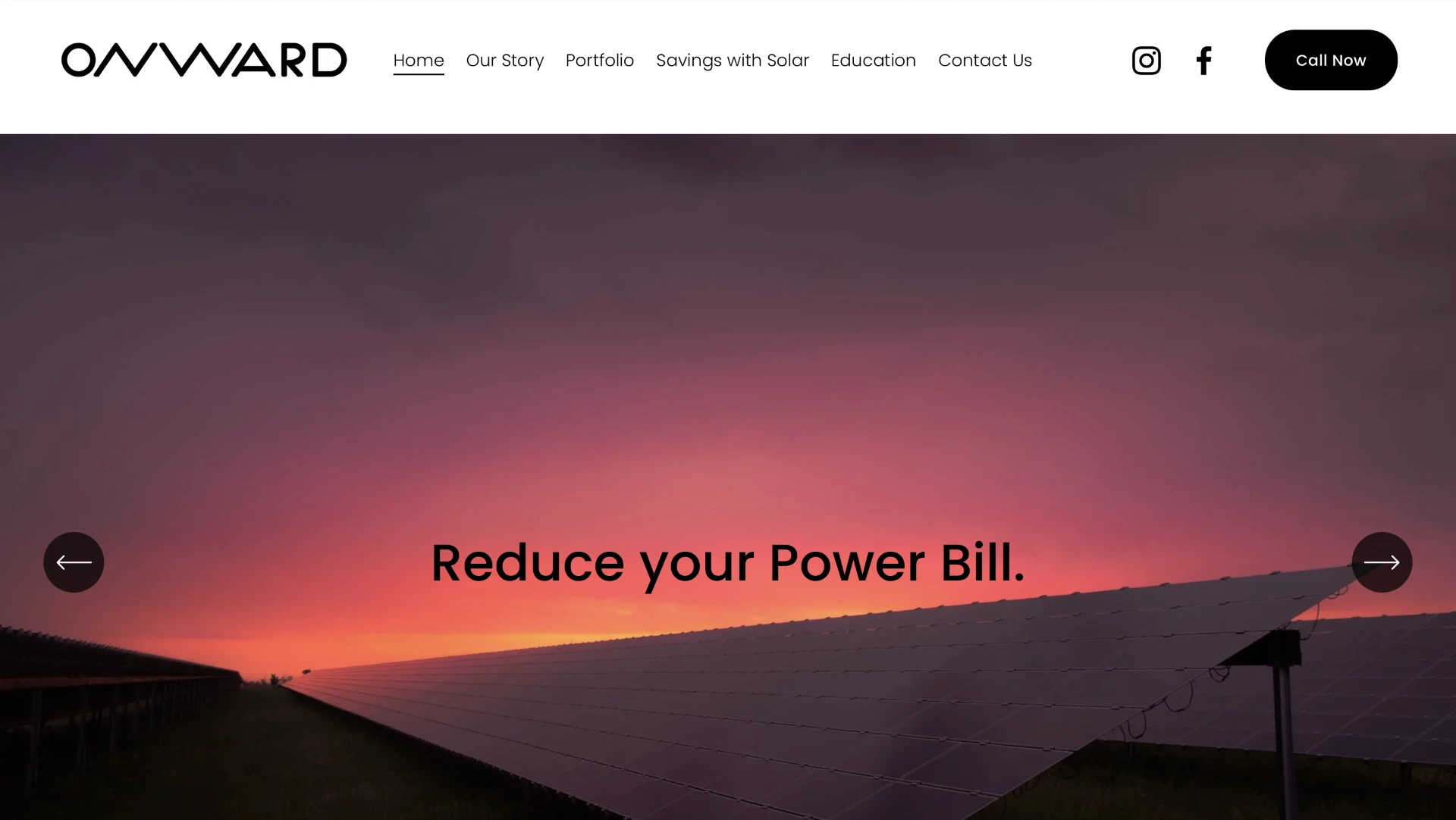 Onward Solar Energy website — solar panel field at sunset with Reduce your Power Bill headline
