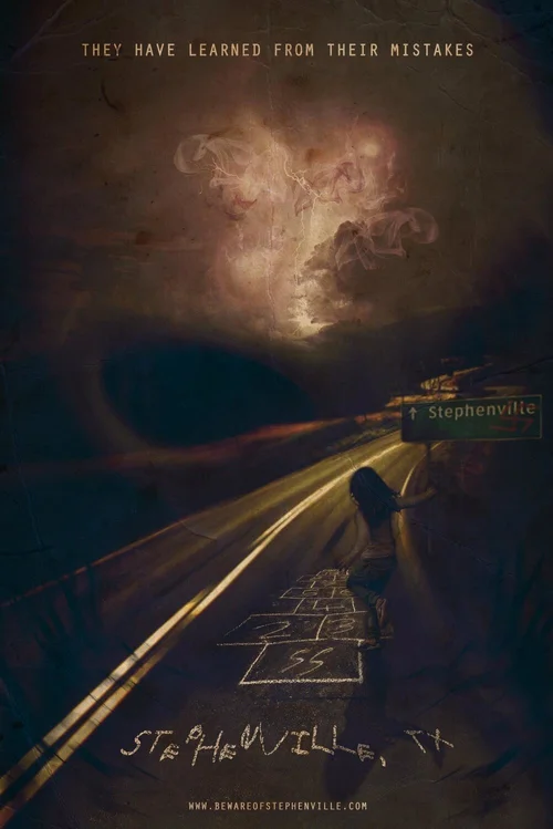 Stephenville Sightings teaser poster — chalk markings on a midnight road