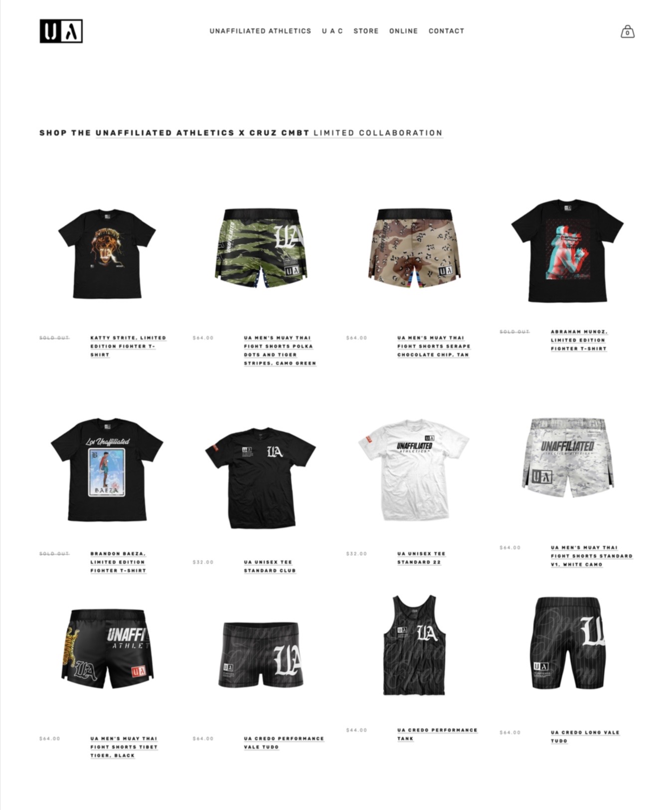 Unaffiliated Athletics online store showcasing fight shorts, tees, and training apparel
