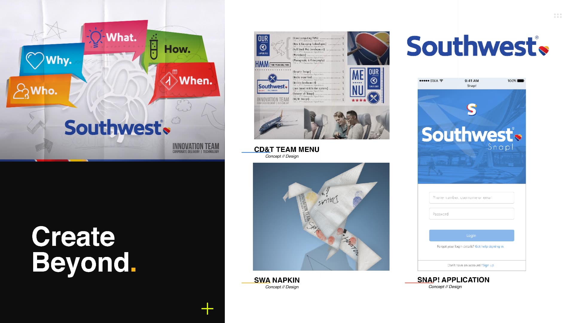 Southwest Airlines Innovation Team concepts — menu, napkin, snap app and origami crane