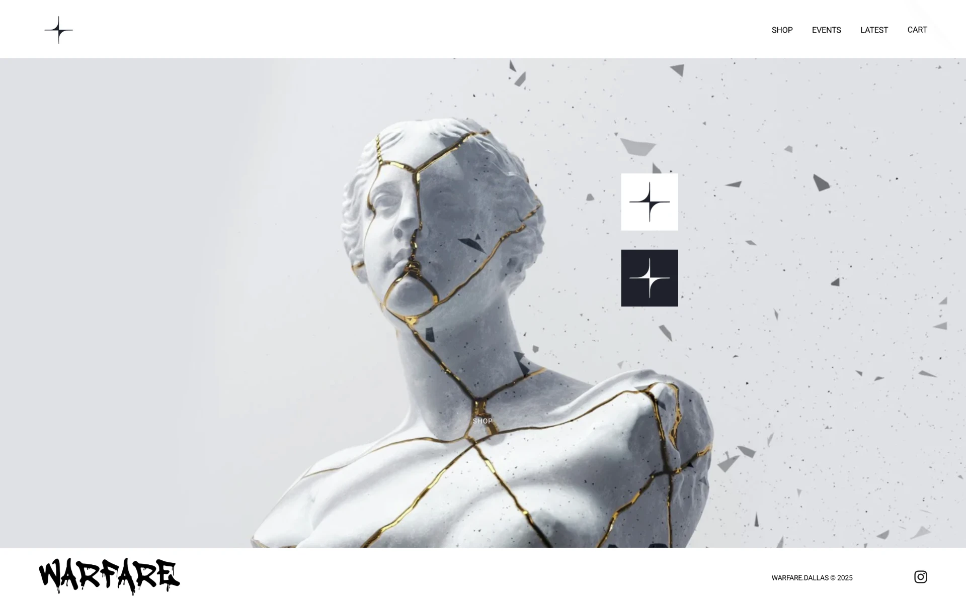Warfare online store homepage — kintsugi statue hero, star logo marks and shop navigation