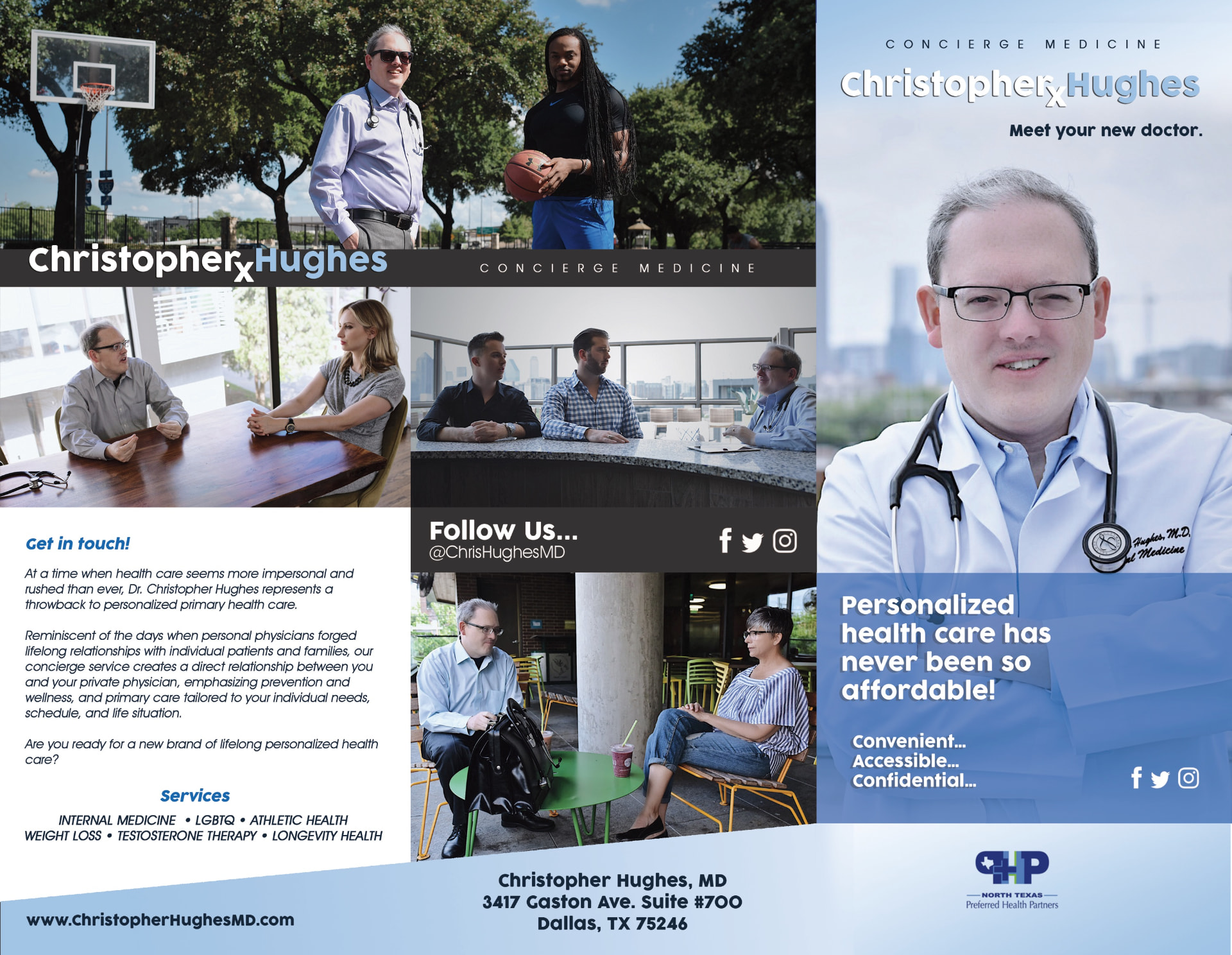Christopher Hughes MD concierge medicine brand collateral — doctor with patients and family