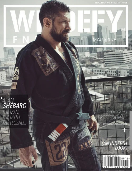 WODIFY Magazine cover designed by Katty Strite — Alan Shebaro in a gi on a rooftop, city skyline behind him