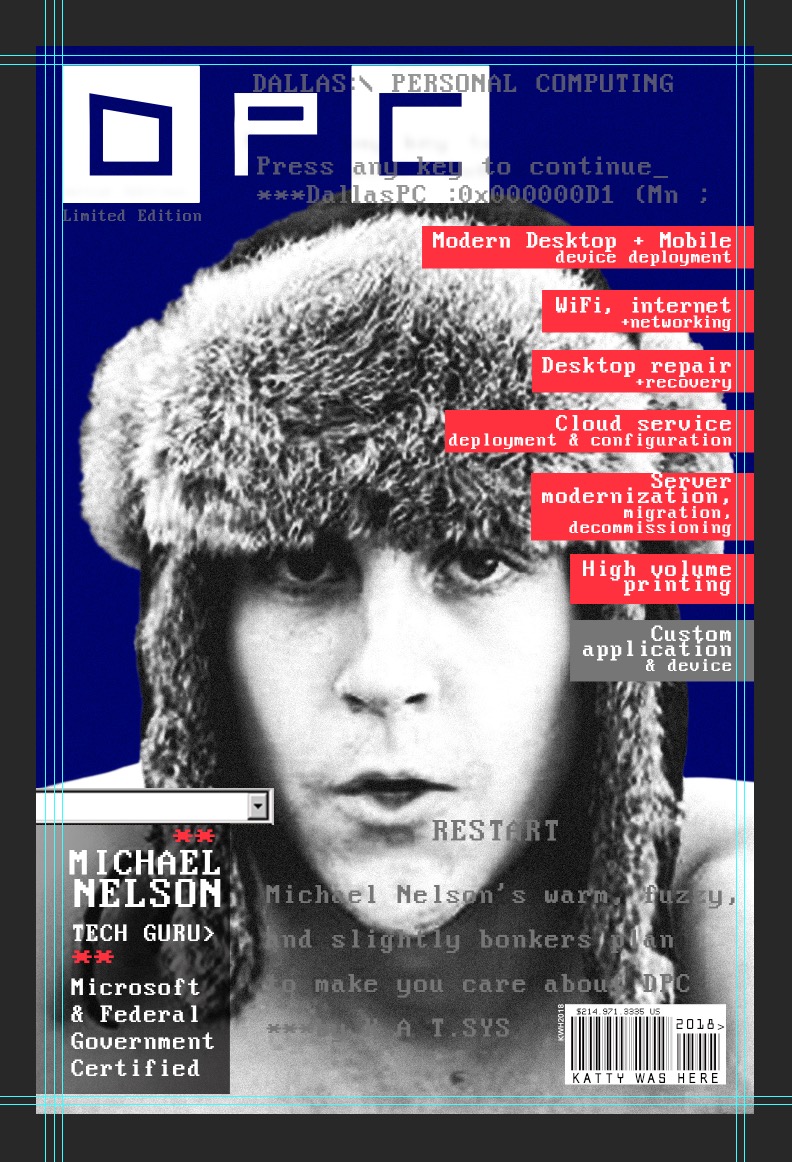 Dallas Personal Computing magazine cover — Michael Nelson tech guru portrait with red alert boxes and DPC logo